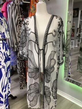 Ashley Taylor White Sheer Overlay with Black Lace Trim